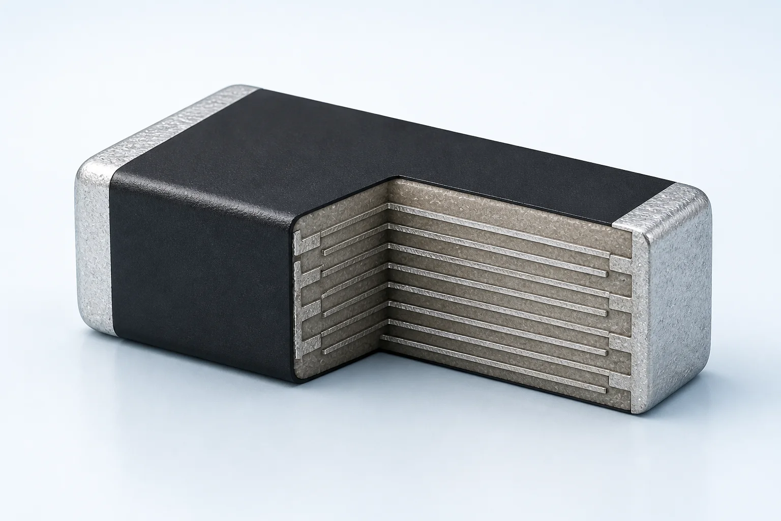 Cutaway of a multilayer varistor showing alternating internal electrodes inside the ceramic body