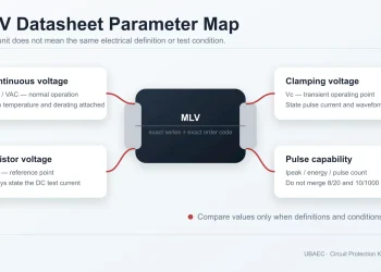 MLV parameter map separating working voltage, varistor voltage, clamping voltage and pulse ratings