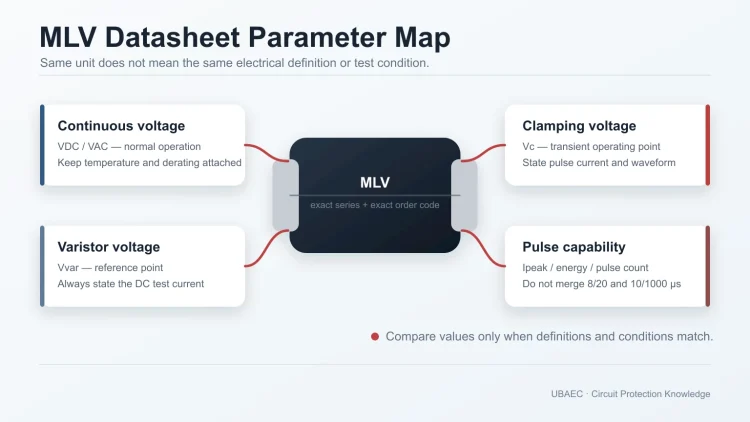 MLV parameter map separating working voltage, varistor voltage, clamping voltage and pulse ratings