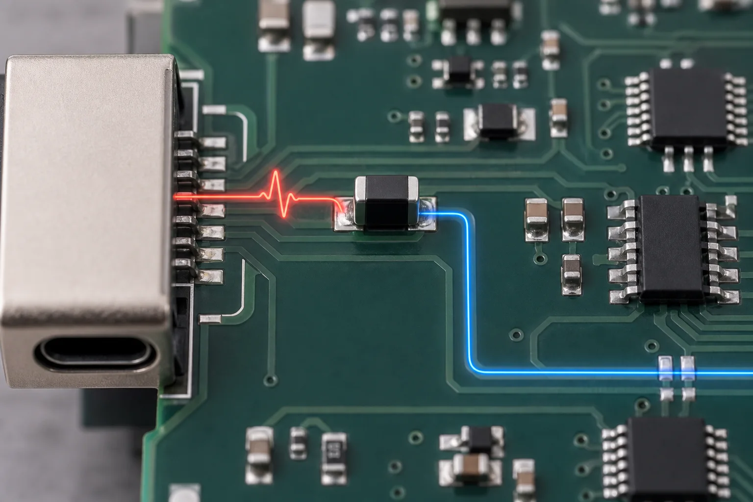 Multilayer varistor placed near a PCB connector to divert a transient through a short return path