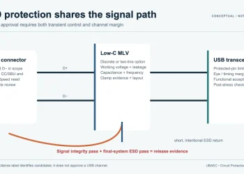 Conceptual USB 2.0 differential pair with low-capacitance MLV protection and a short ESD return path
