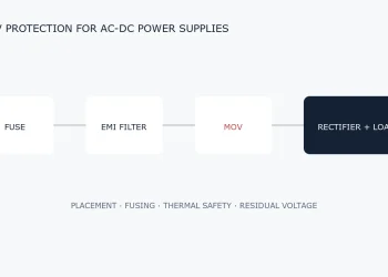 AC-DC power supply input protection chain with fuse, EMI filter, MOV and rectifier