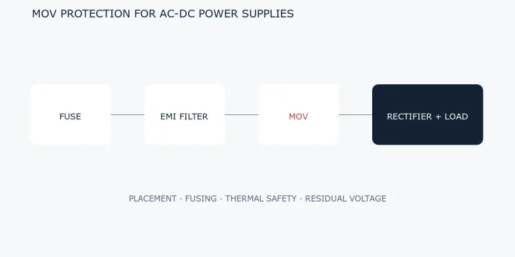 AC-DC power supply input protection chain with fuse, EMI filter, MOV and rectifier