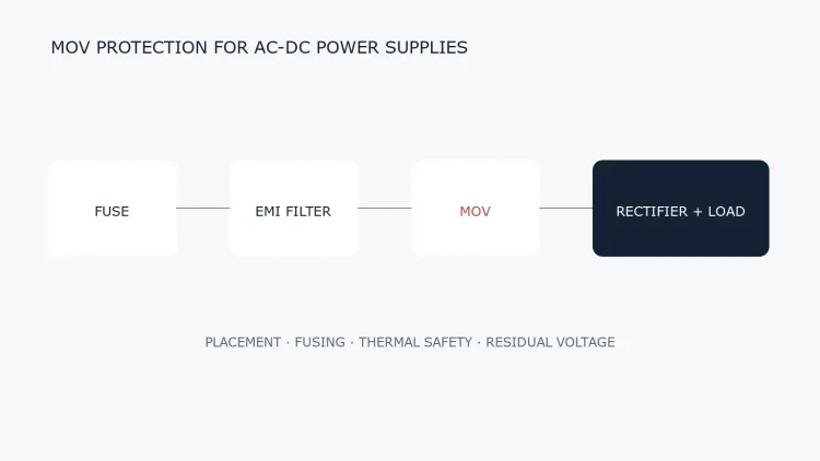 AC-DC power supply input protection chain with fuse, EMI filter, MOV and rectifier