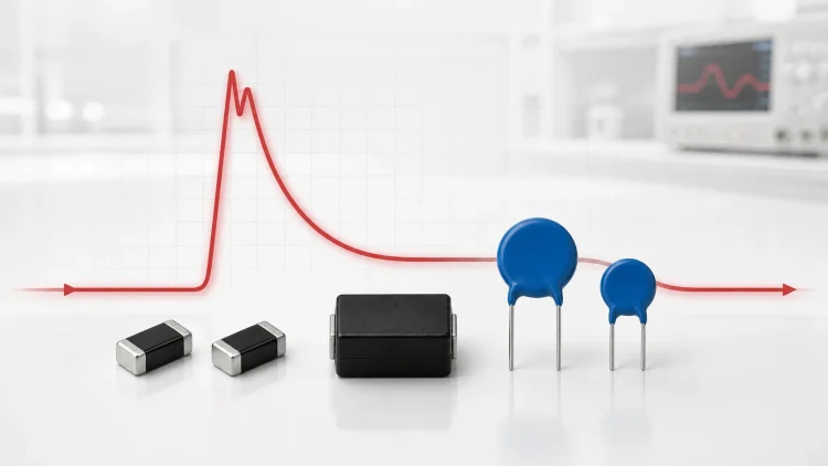 Through-hole, molded SMD and multilayer varistors shown with a controlled residual-voltage surge trace