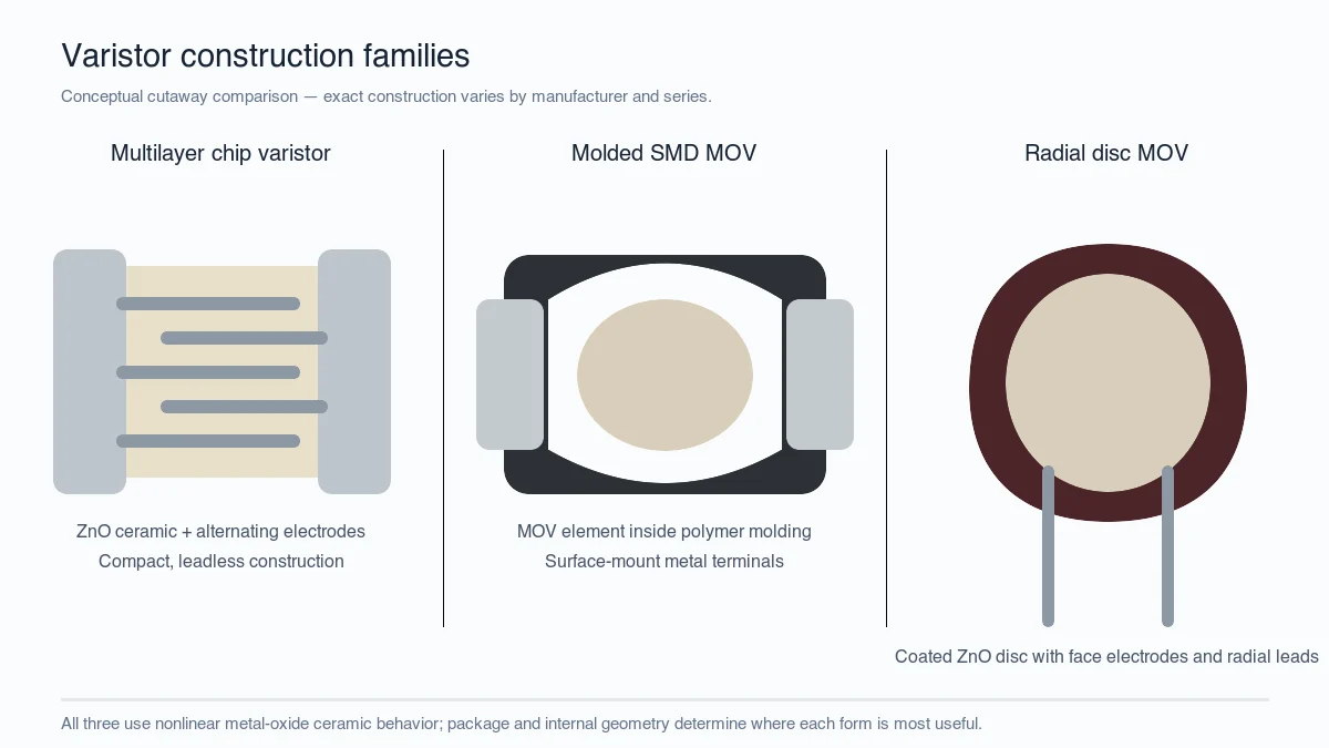 Conceptual construction comparison of multilayer chip varistor molded SMD MOV and radial disc MOV
