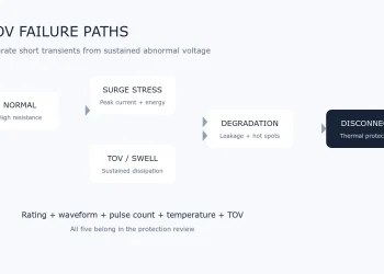 Flow diagram showing normal MOV operation, surge stress, sustained overvoltage, degradation, heating and thermal disconnection