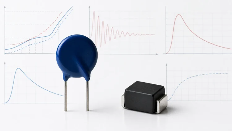 MOV datasheet parameters shown around through-hole and surface-mount varistors