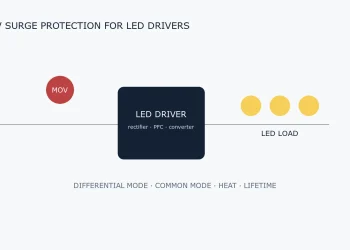 LED driver surge protection architecture with AC input MOV, driver stage and LED load
