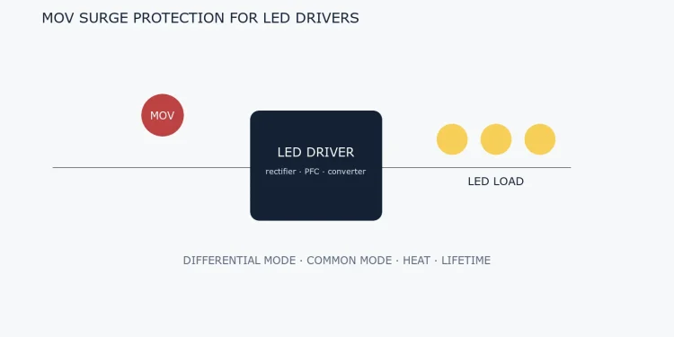 LED driver surge protection architecture with AC input MOV, driver stage and LED load