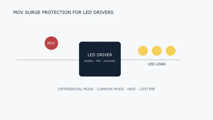 LED driver surge protection architecture with AC input MOV, driver stage and LED load