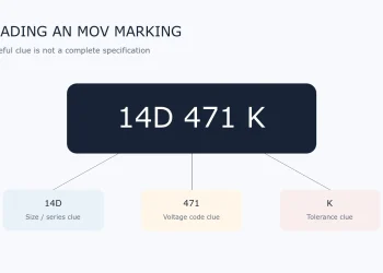 Diagram separating an MOV body marking into size code, voltage code, tolerance and manufacturer-specific traceability information