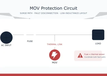 AC input protection path showing a fuse, MOV, thermal disconnect and protected load