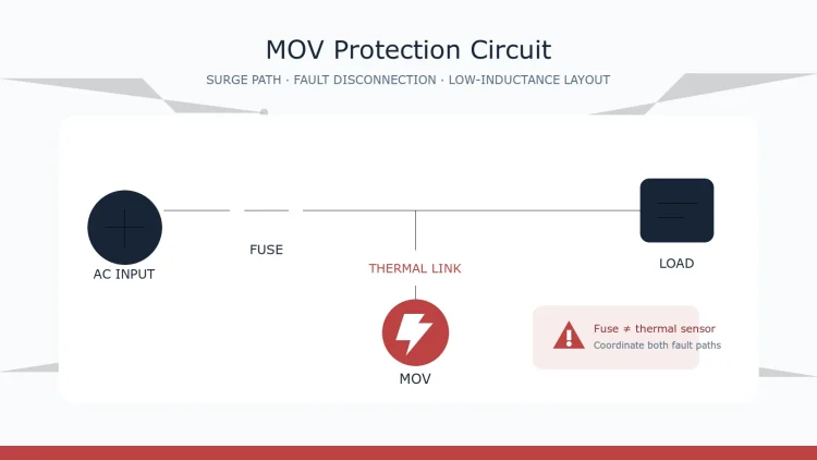 AC input protection path showing a fuse, MOV, thermal disconnect and protected load