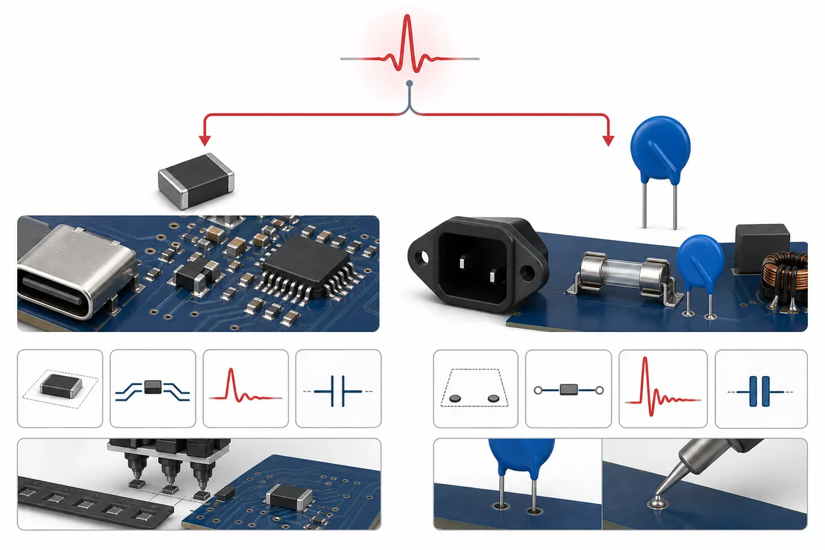 Selection path for choosing an SMD MOV or through-hole MOV by voltage surge energy space and assembly