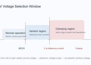 MOV selection setup with PCB, disc varistor, datasheet, and dimension check