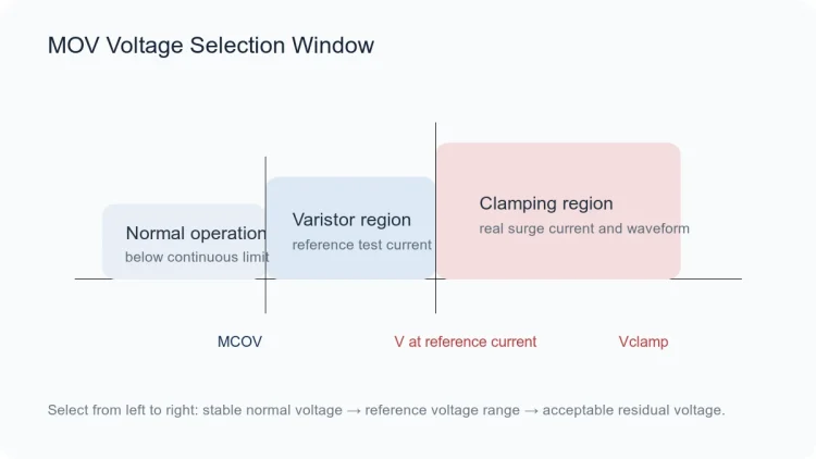 MOV selection setup with PCB, disc varistor, datasheet, and dimension check