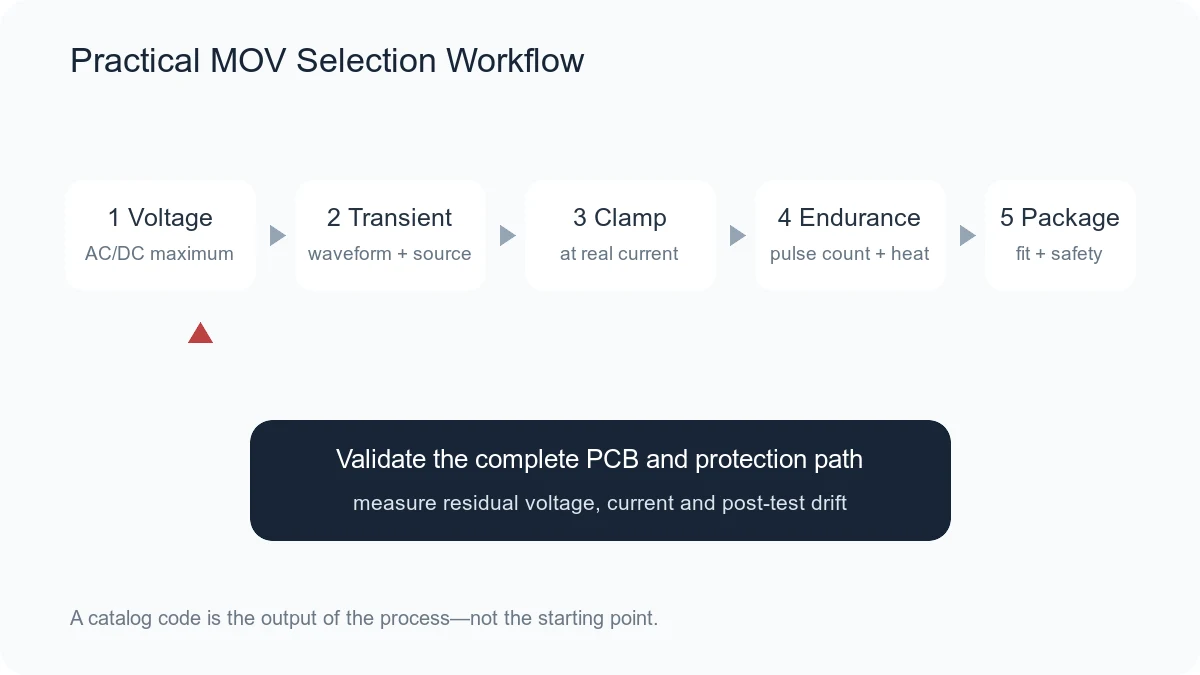 Step-by-step MOV selection workflow for voltage waveform current endurance and package