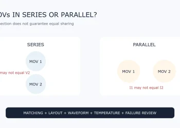 Comparison diagram of two MOVs connected in series and in parallel with warnings about unequal voltage and current sharing