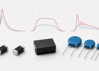 Through-hole, molded SMD and multilayer varistors shown beneath several surge waveform traces