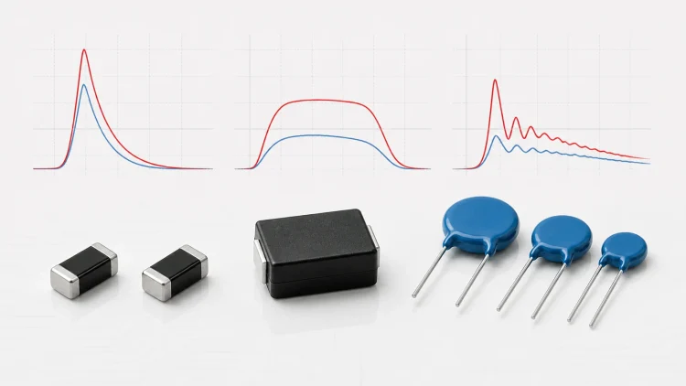 Through-hole, molded SMD and multilayer varistors shown beneath several surge waveform traces