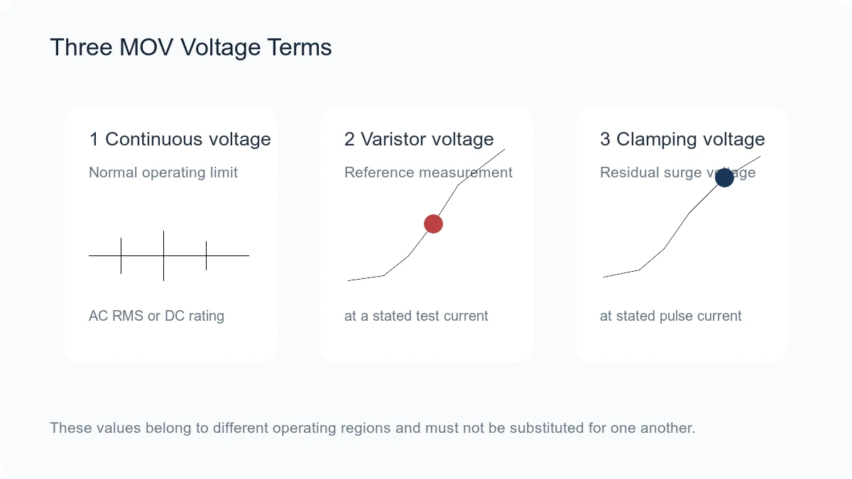Diagram separating continuous operating voltage varistor voltage and clamping voltage