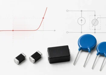 Through-hole, molded SMD and multilayer varistors beside a voltage-current curve and reference-current measurement circuit