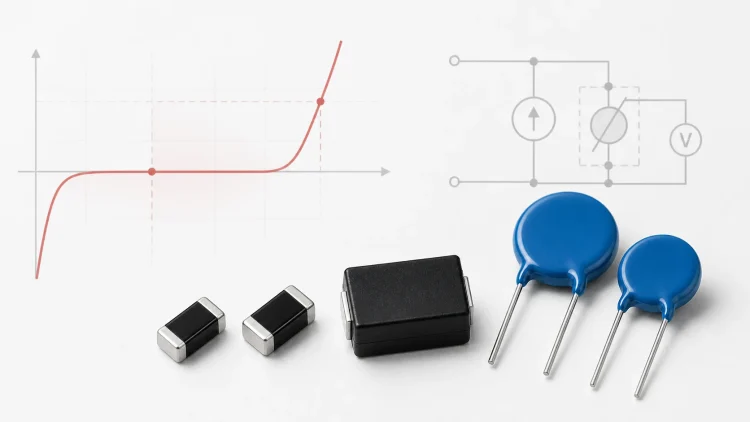 Through-hole, molded SMD and multilayer varistors beside a voltage-current curve and reference-current measurement circuit