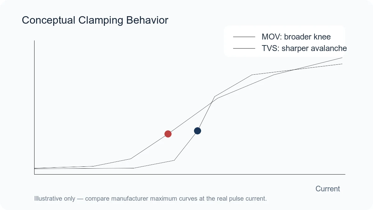 Conceptual voltage-current curves comparing MOV and TVS diode clamping behavior