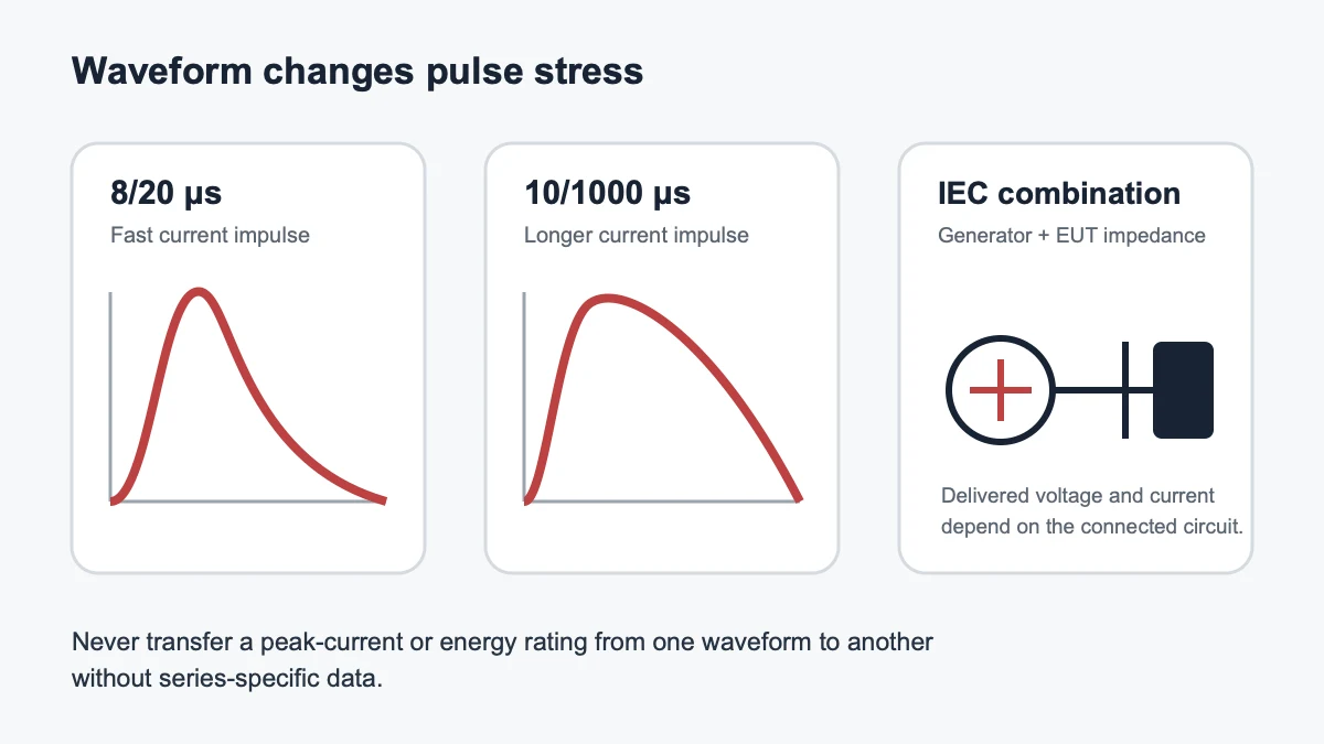 Comparison diagram of short 8/20 microsecond and longer 10/1000 microsecond current pulses plus an IEC combination-wave generator