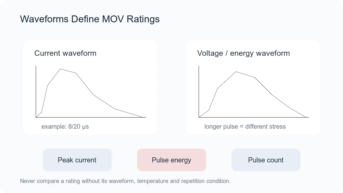 MOV rating map connecting surge current energy and pulse endurance to test waveforms