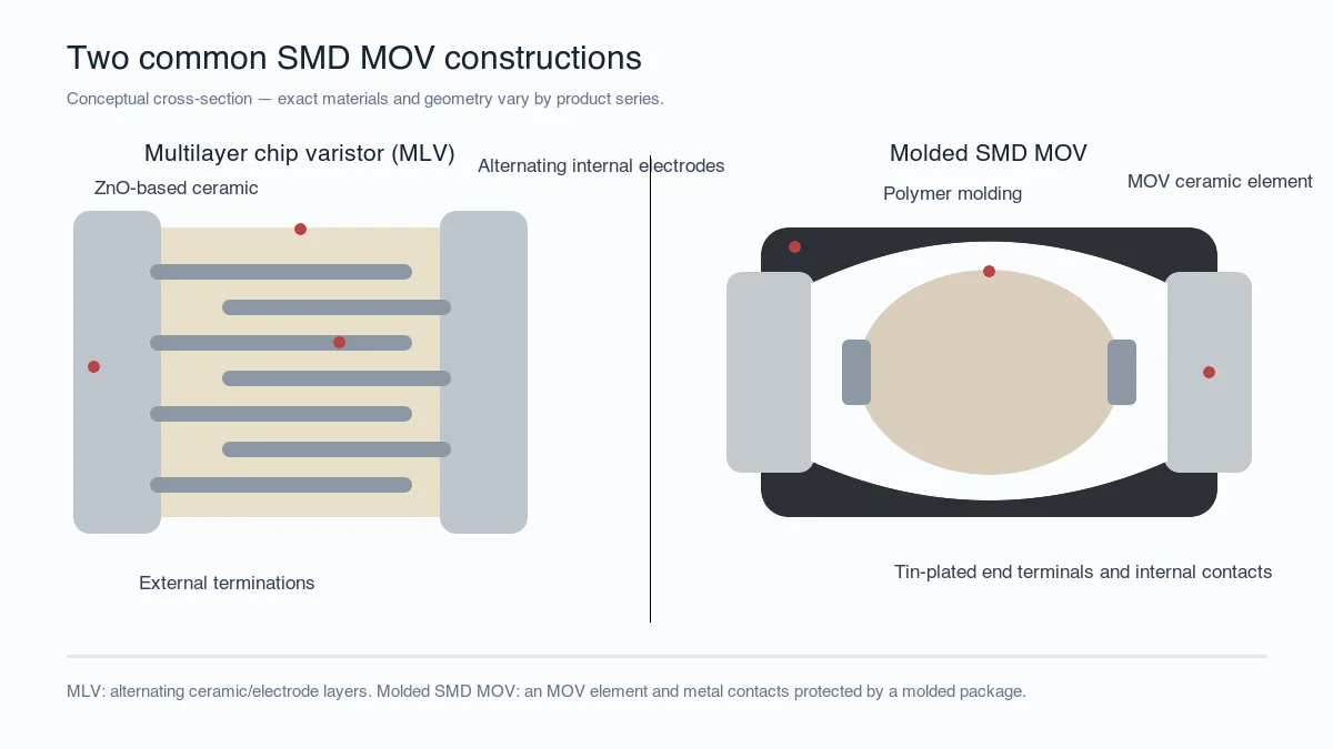 Conceptual cross-section comparing multilayer chip varistor and molded SMD MOV construction