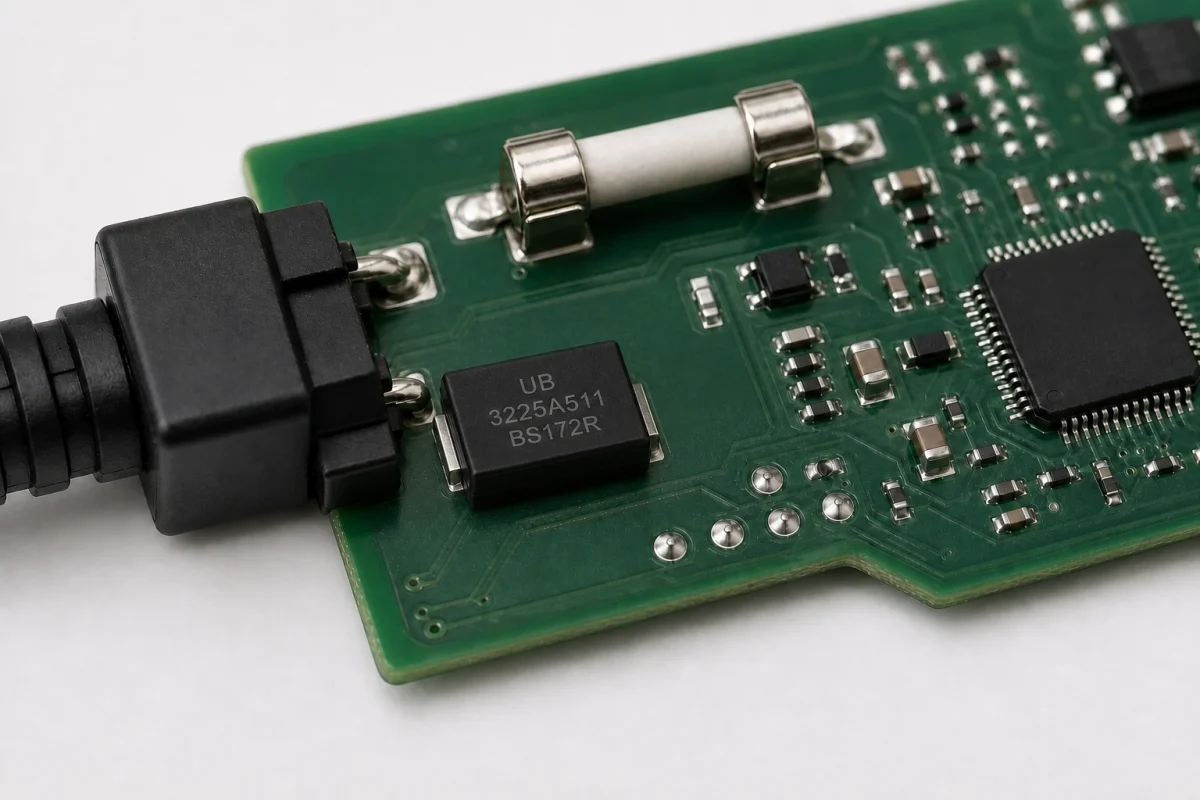 Black molded surface-mount MOV with two opposite end terminals placed near a PCB power connector and fuse