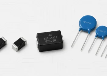 Black glass-coated MLV chips, a molded SMD MOV, and blue radial through-hole MOVs shown side by side