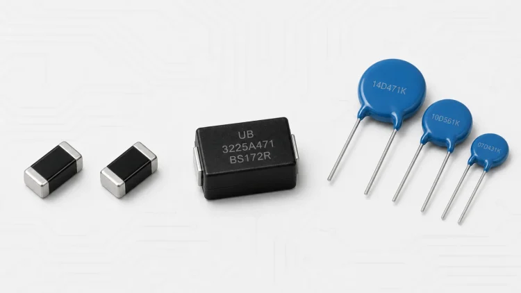 Black glass-coated MLV chips, a molded SMD MOV, and blue radial through-hole MOVs shown side by side