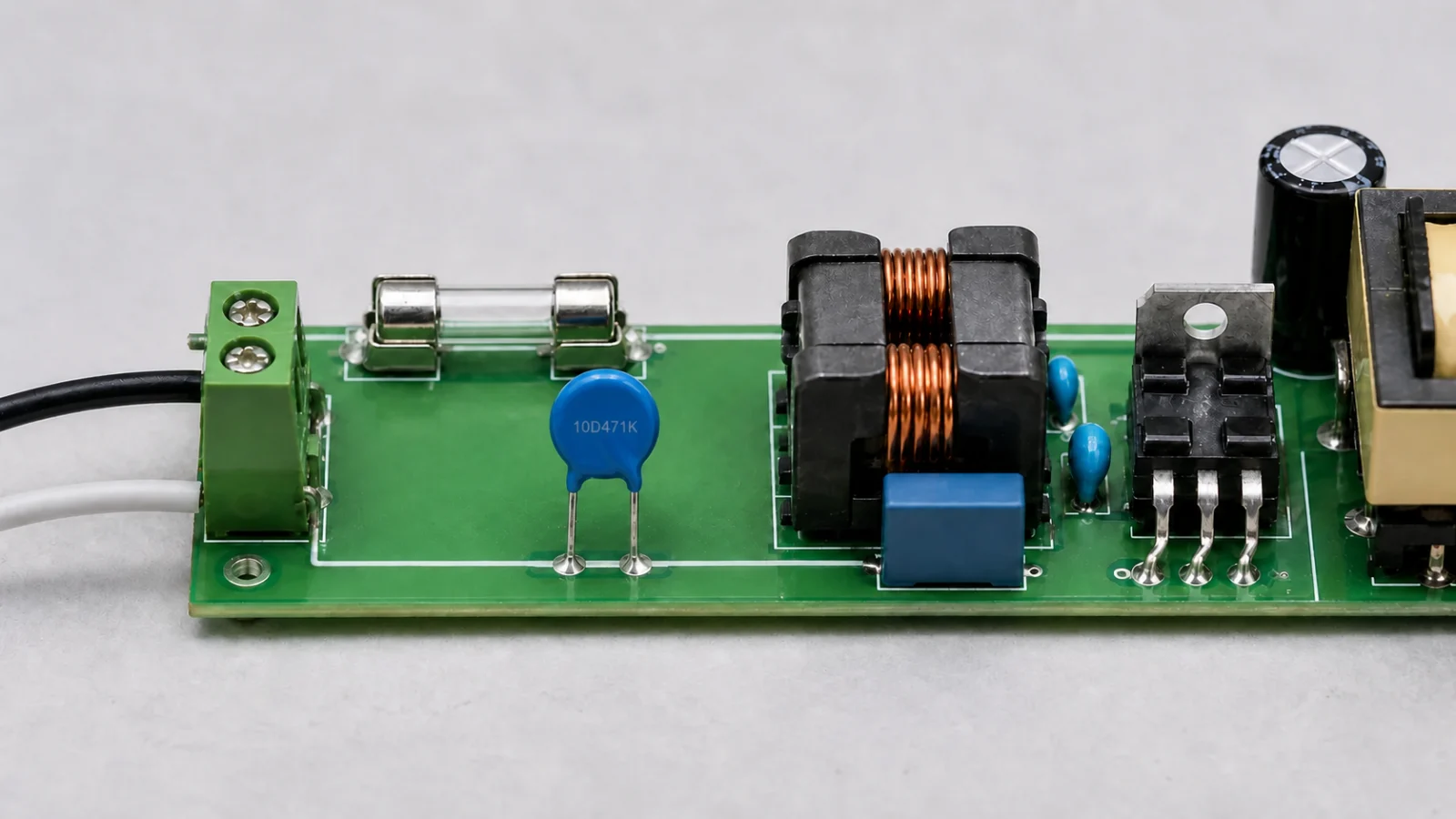 Blue 10D471K through-hole MOV connected after a fuse across an AC power input