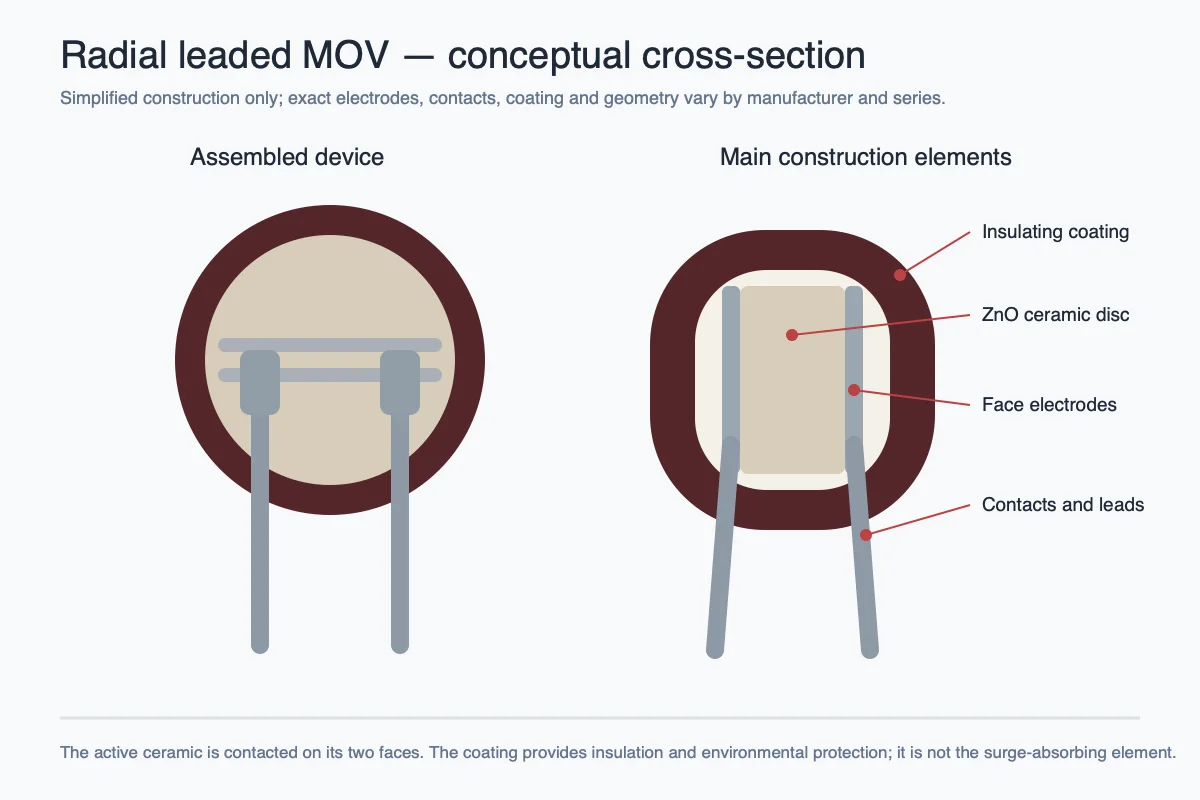 Conceptual cross-section of a radial leaded MOV showing ceramic disc face electrodes coating and leads