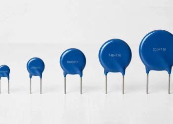 Blue radial leaded disc MOVs in five sizes with representative factory markings