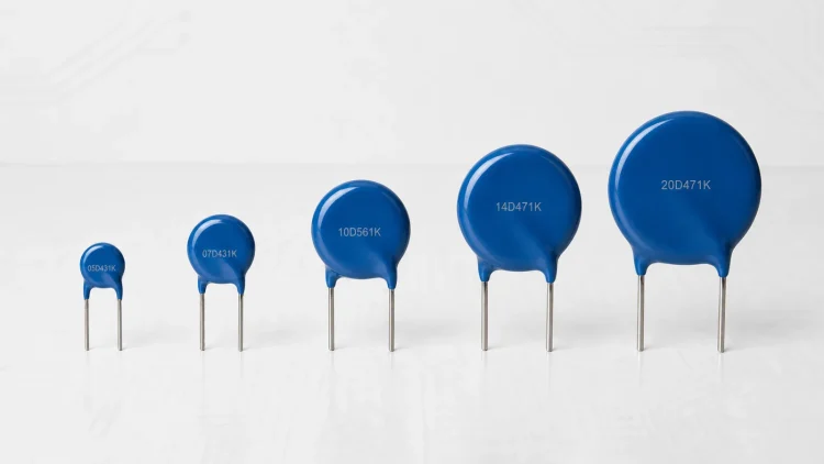 Blue radial leaded disc MOVs in five sizes with representative factory markings