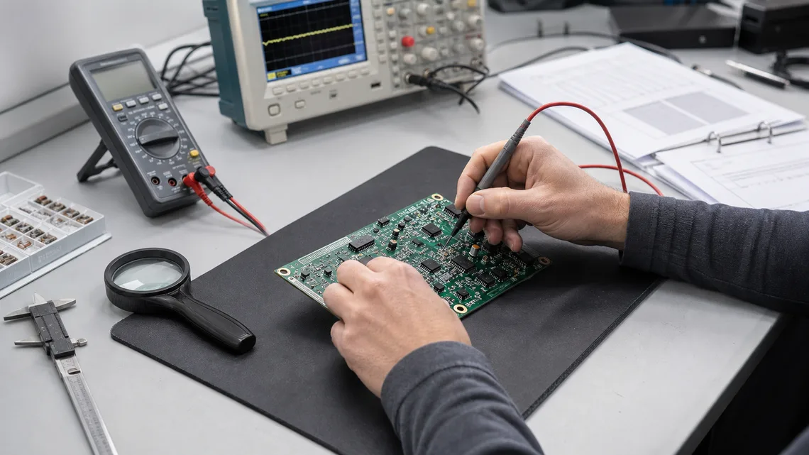 Engineer checking a populated circuit board with laboratory measurement equipment
