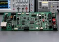 Populated electronic circuit board on a laboratory test bench