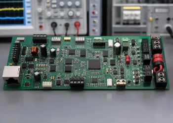 Populated electronic circuit board on a laboratory test bench