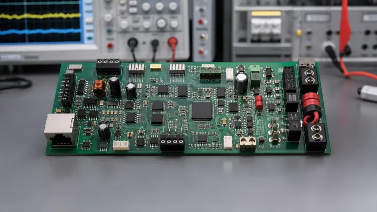 Populated electronic circuit board on a laboratory test bench