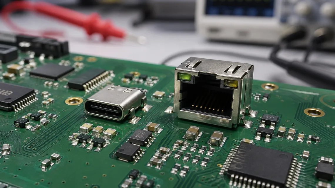 Circuit protection components positioned near communication interfaces on a printed circuit board