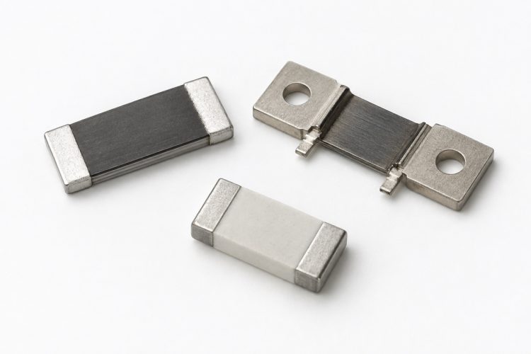 Three unbranded low-ohmic current-sense resistors and shunts arranged naturally on a white background