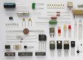 Real resistors capacitors diodes transistors integrated circuits and a relay arranged on a white background