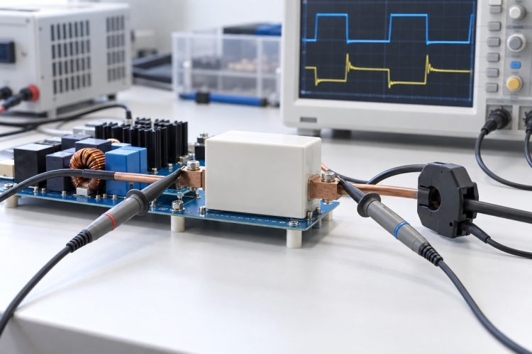 Film capacitor pulse-test setup with voltage probes on separate terminals and a current probe