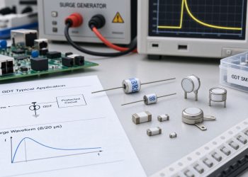 GDT devices with a surge generator and oscilloscope in a circuit-protection test setup