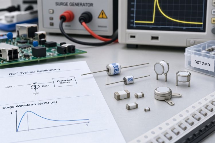 GDT devices with a surge generator and oscilloscope in a circuit-protection test setup