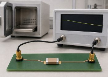 Single two-terminal MLCC in a measurement fixture with a completed thermal-history backdrop and a conceptual slow downward time trend